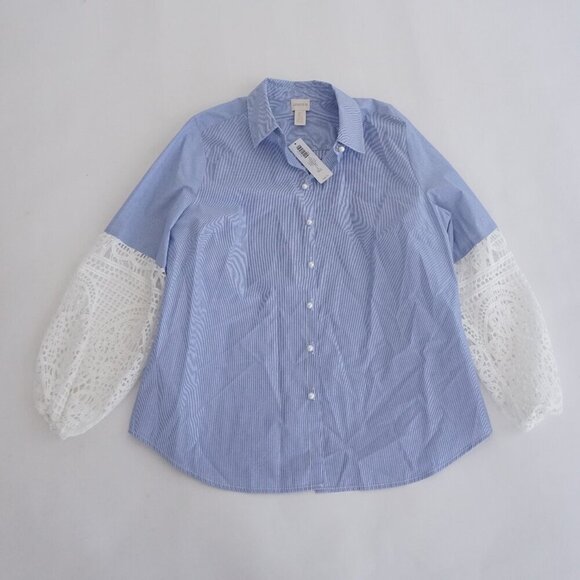 Chico's Blue White Stripe Lace Balloon Sleeve Button Up Cotton Blend Shirt 1P - Picture 1 of 12